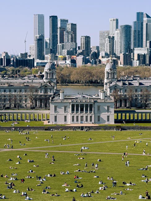 A large outdoor park area with many people sitting or lying on the grass, some in groups and others alone, enjoying a sunny day. In the background, there is a historic building with classical architecture, featuring ornate towers and columns, situated on the edge of a river. Beyond the river, a modern cityscape with tall glass skyscrapers and high-rise office buildings dominates the skyline. The scene captures a contrast between the open green space used for relaxation and the urban environment of Greenwich, with the city’s downtown area visible behind the historic building. The lighting indicates daytime with clear weather, and the overall setting suggests a popular spot for leisure and social gatherings during a home relocation or moving project’s planning or break period. Images like this are typical for illustrating the kinds of spaces and logistical considerations involved in house removals in Greenwich, where access to outdoor areas and city infrastructure plays a role in moving services provided by companies like Removal Companies Greenwich.