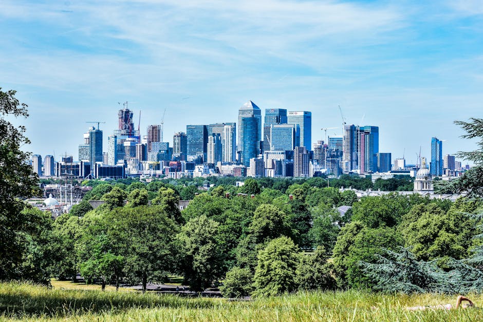 A wide shot of a city skyline under a partly cloudy sky, featuring numerous modern high-rise buildings with glass facades and cranes indicating ongoing construction. In the foreground, a lush green park with various trees and open grassy areas is visible, providing a natural contrast to the urban environment. The scene appears to be taken during daylight hours, capturing both the vibrancy of the city and the tranquility of the park space, which could relate to professional house removals or furniture transport services by Removal Companies Greenwich operating in the area. This image highlights the contrast between residential and commercial zones, emphasizing the importance of logistics and planning in home relocation and moving processes.