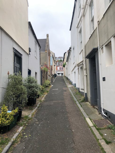 A narrow residential street in Greenwich with a steep incline, flanked by white and grey terraced houses on either side. On the left, there are small potted plants with green foliage placed along the pavement near the building wall. The right side features a dark grey door set into the white façade of a house. The pavement is made of asphalt with concrete edging, and there are visible drainage grates along the edge. In the distance, a larger white building with multiple windows is visible at the top of the hill, with overcast sky overhead. Beneath the image, there is no visible activity or moving equipment, but this setting is typical for a home relocation or furniture transport operation in the greenery-lined streets of Greenwich, where careful navigation of narrow streets is essential for successful removals. Removal Companies Greenwich may utilize such environments when providing house removals services specific to tightly packed urban streets like those in SE10.